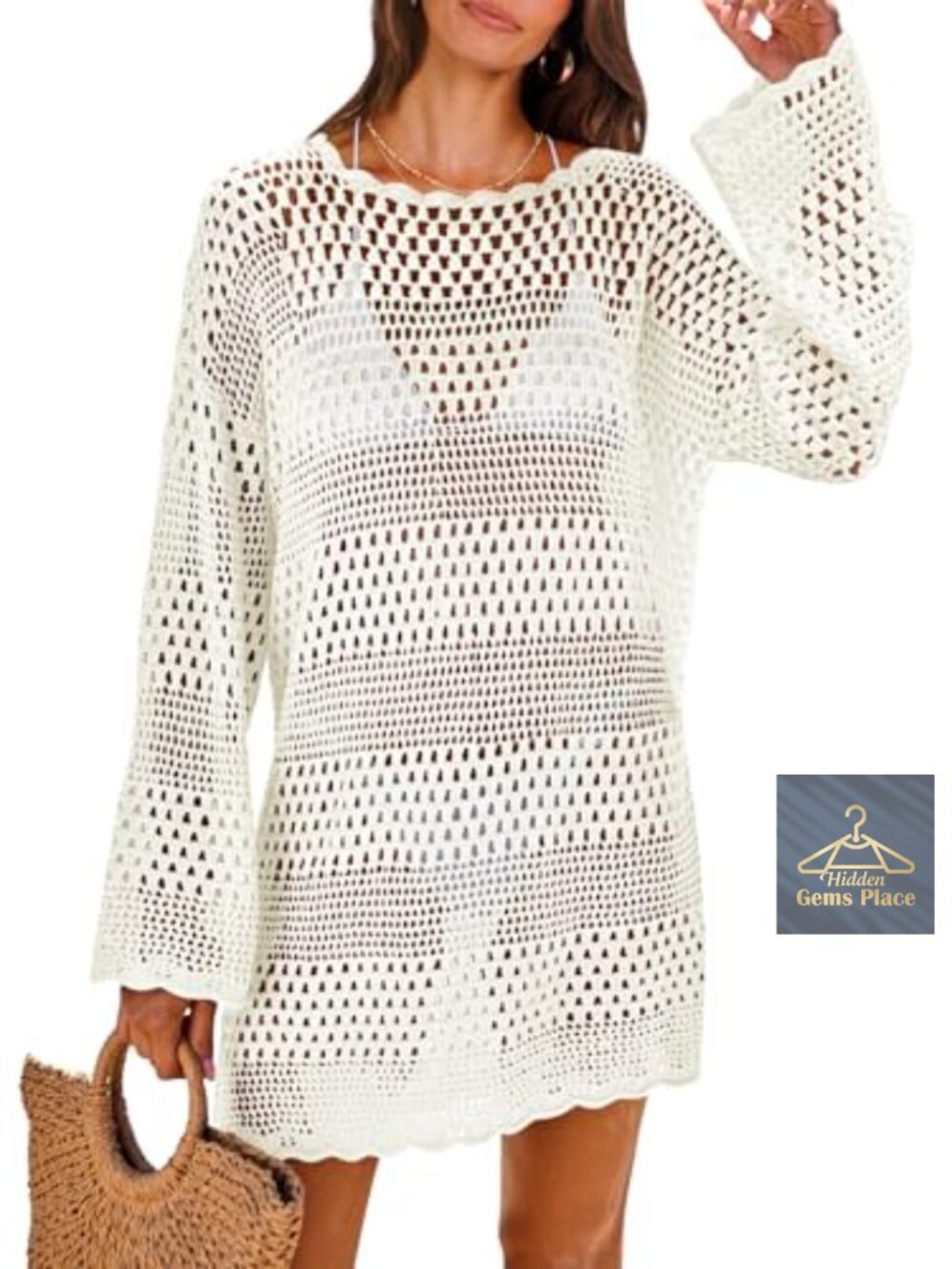 Women's Crochet Swim Cover Up Mini Dress Bell Sleeve Beach